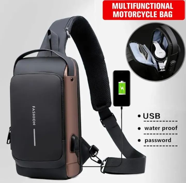 Fashion Men Sling Bag Pack with Lock Waterproof -Theft Chest Bag with USB Charging Port Shoulder Bag Body Backpack