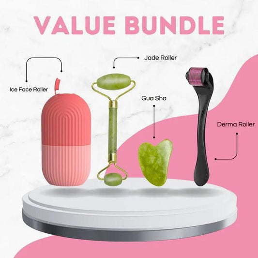 4 Pcs Combo Pack 1. Jade Roller 2. ice face Roller 3.Facial Massage derma Roller 4. Gua Sha tool