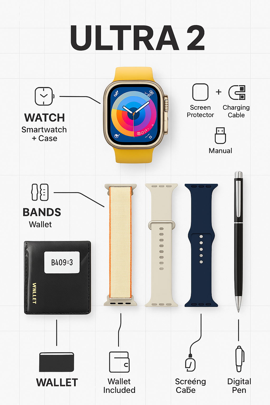 New Model S200 Smart Watch – Full Display With Original Strap, Wallet Feature & Protective Cover